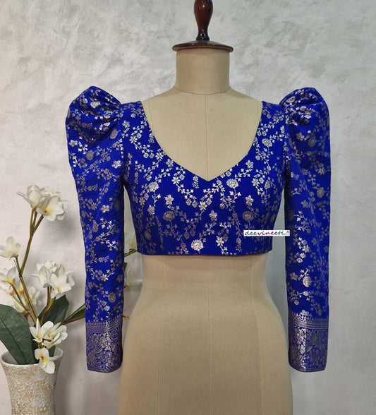 Royal Blue Banarasi Brocade Blouse Full Length Puff Sleeves V Neck DVBL_397
