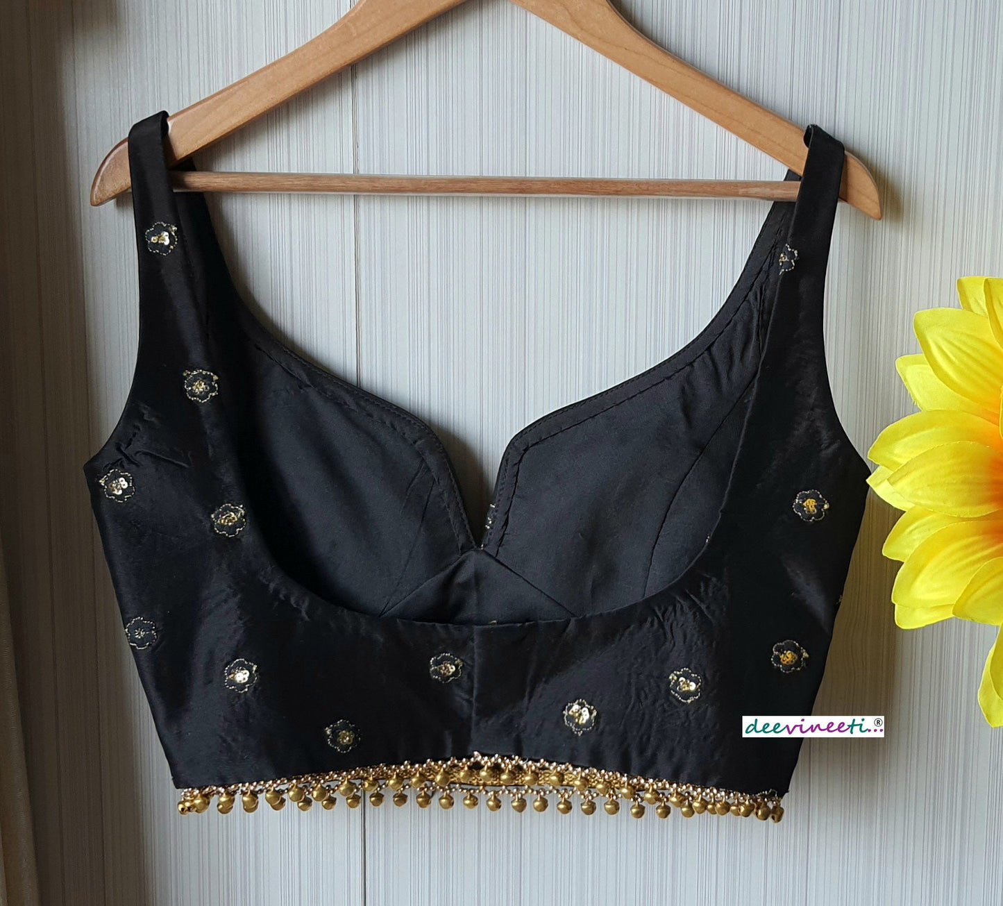 Black Silk Embroidered Sweetheart Neck Blouse DVBL_091