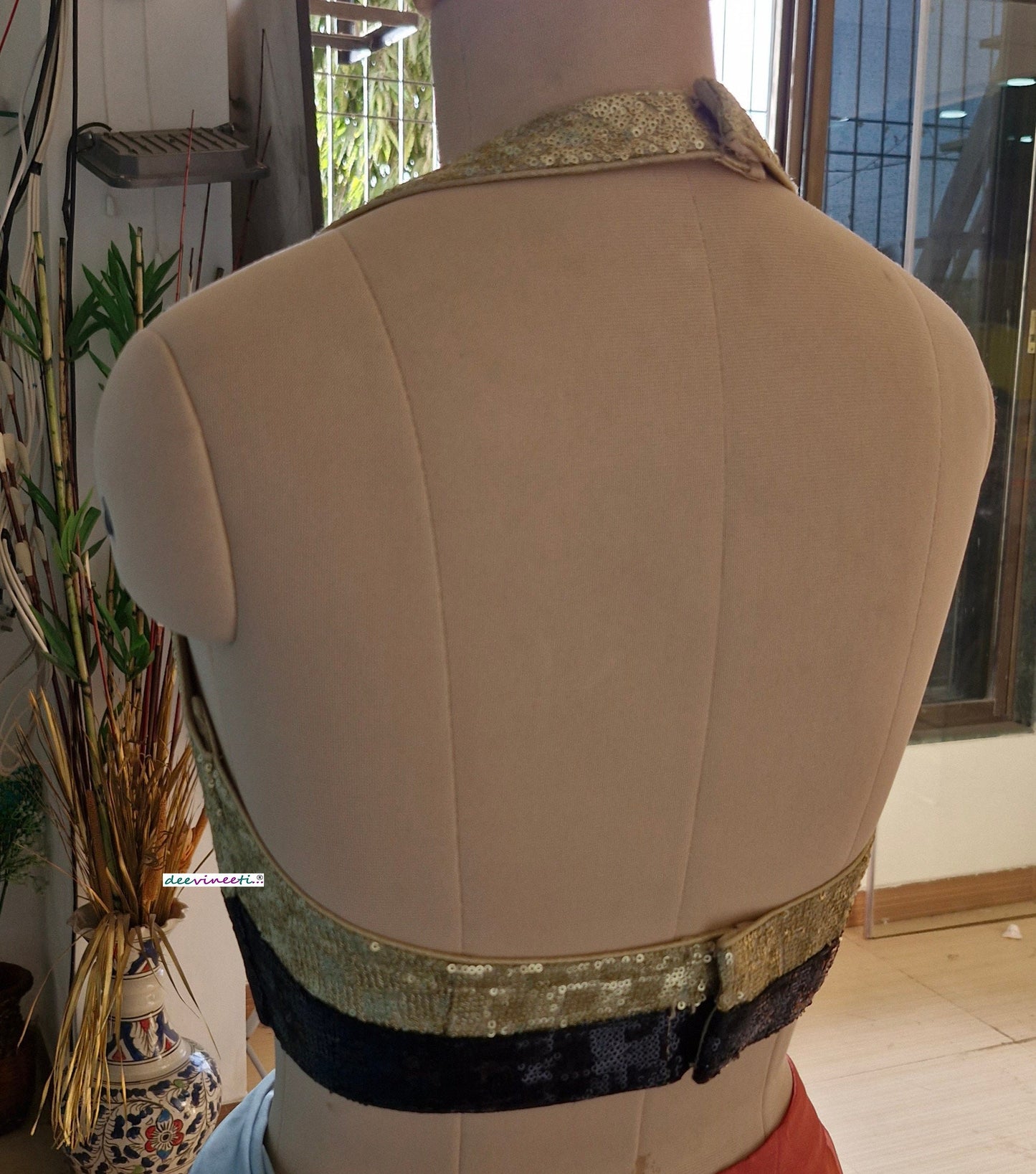 Gold and Black Sequins Halter Neck Backless Blouse DVBL_337