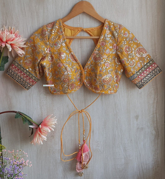 Yellow Embroidered V Neck Elbow Sleeves Blouse DVBL_301