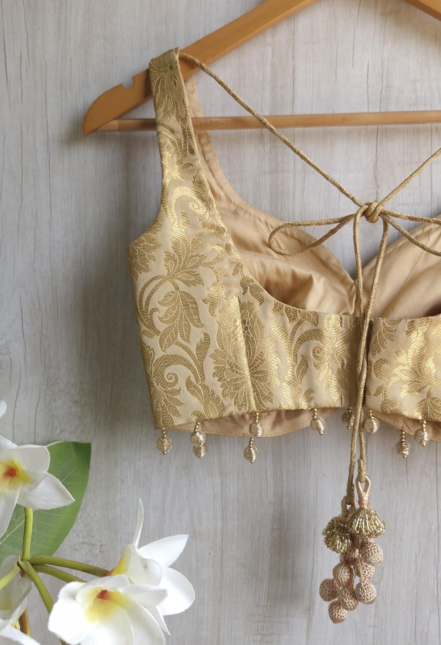 Gold Beige Banarasi Brocade Sweetheart Neck Blouse  DVBL_411