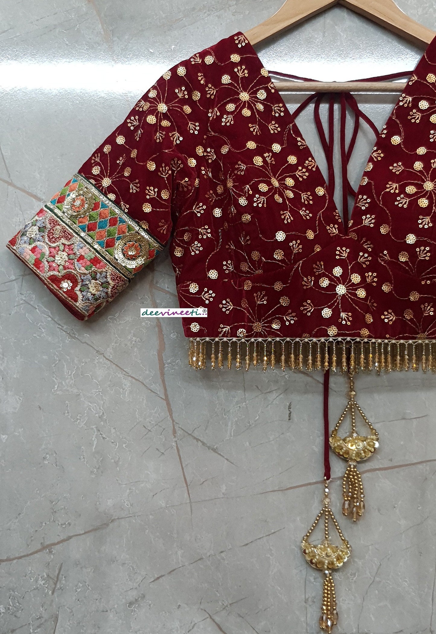Maroon Embroidered Velvet Deep V Neck Blouse DVBL_200