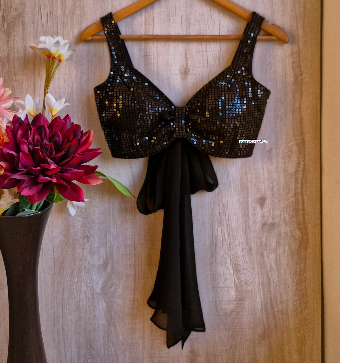Black Sequins Embroidered Sweetheart Neck Tie Blouse DVBL_341