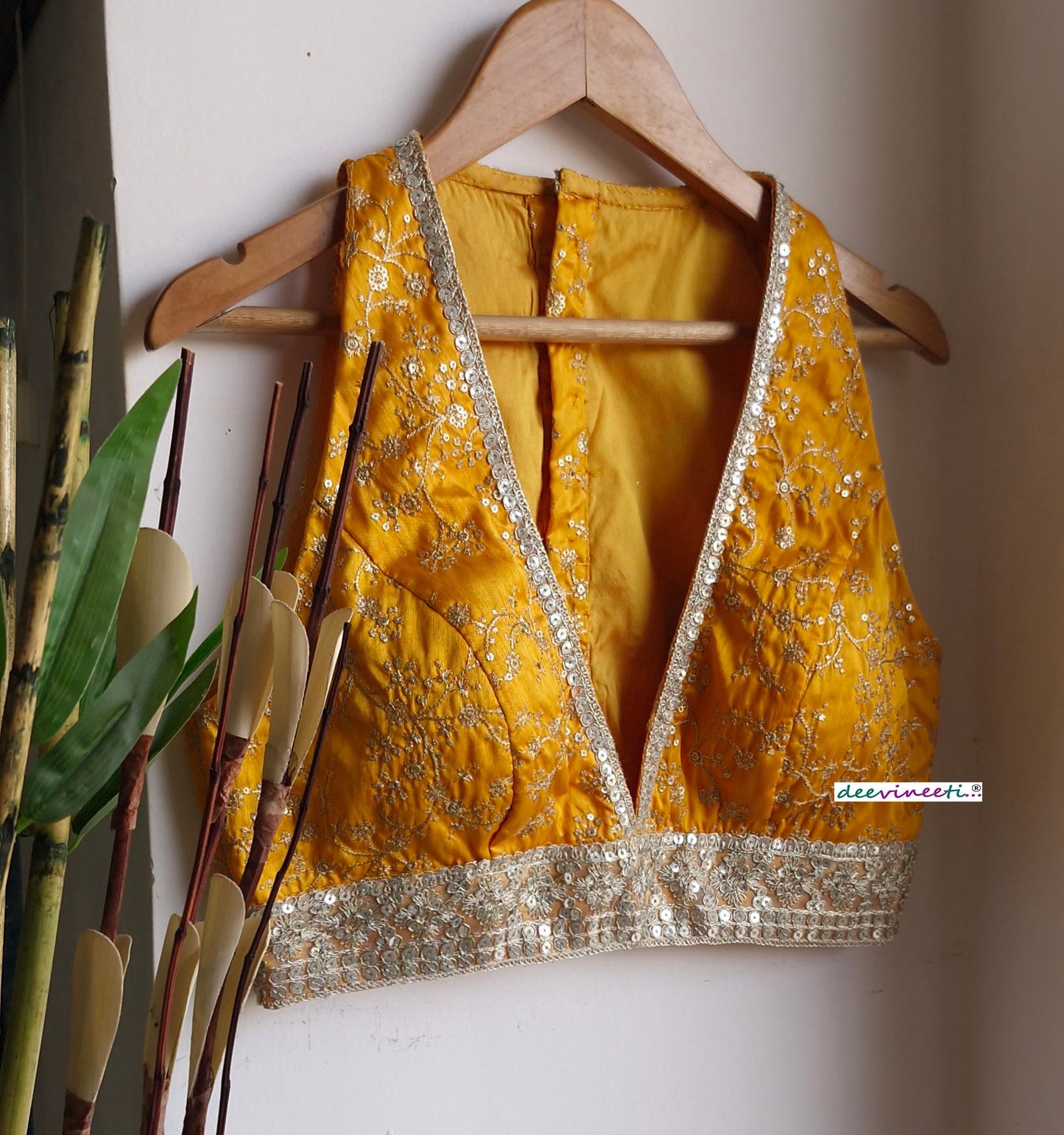 Embroidered Amber Yellow and Gold Plunge Neckline Blouse DVBL_358