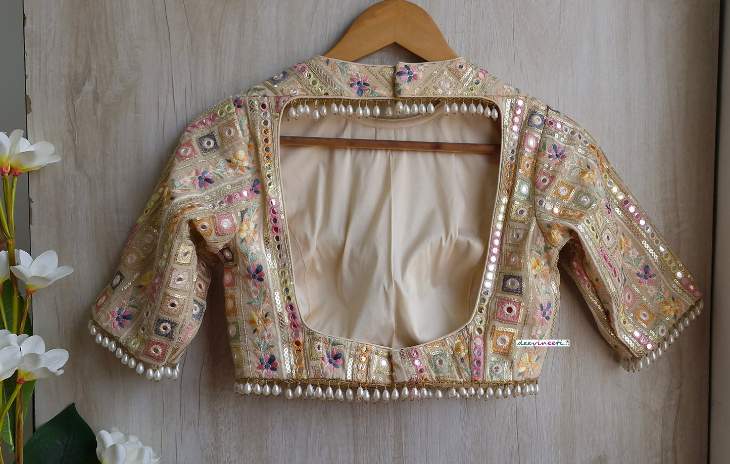 Beige Embroidered Georgette Jewel Neck Blouse DVBL_309