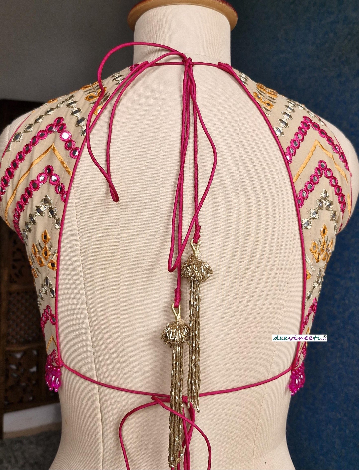Beige Chevron Embroidered  Halter Neck Blouse DVBL_367