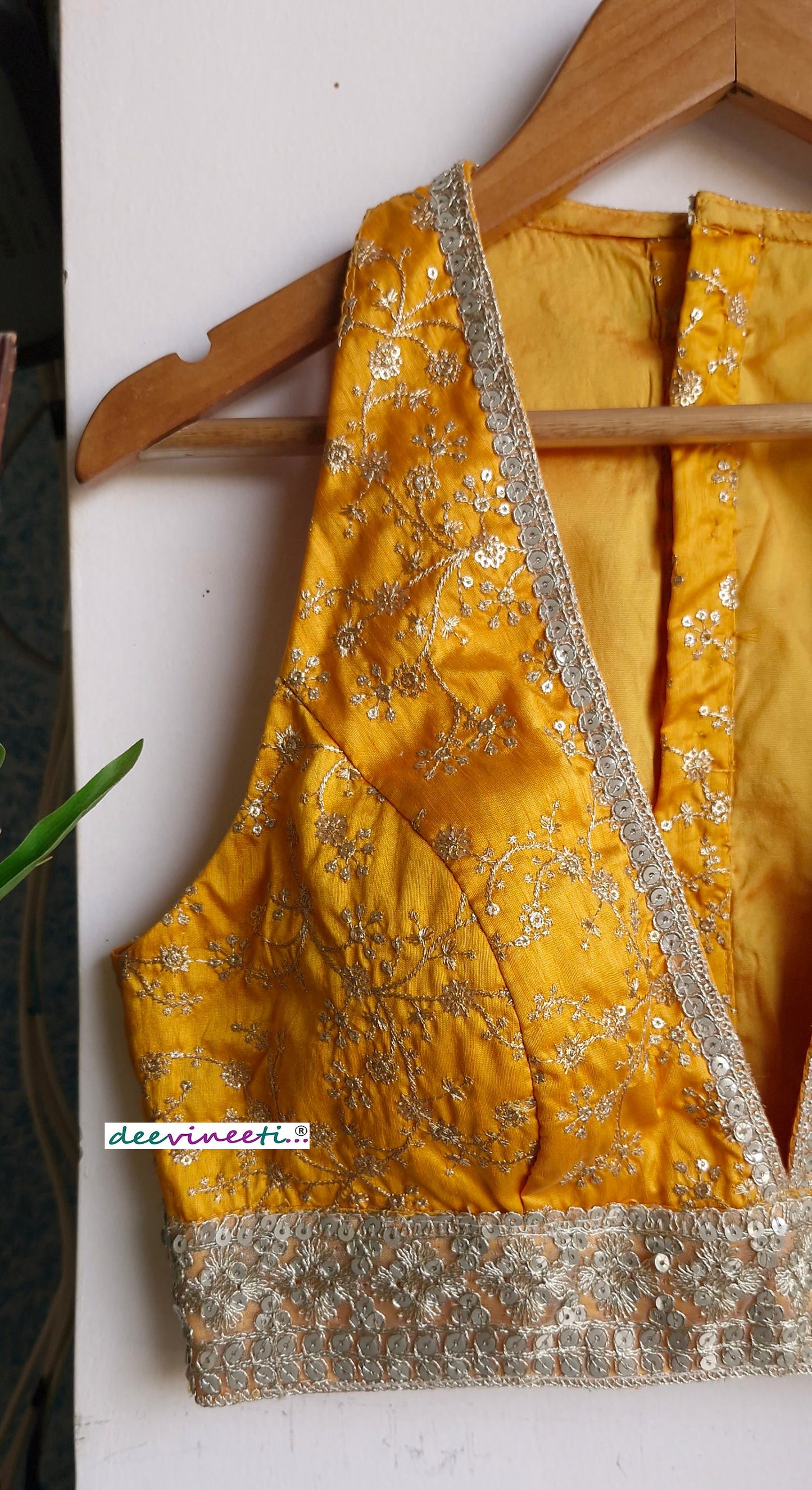 Embroidered Amber Yellow and Gold Plunge Neckline Blouse DVBL_358