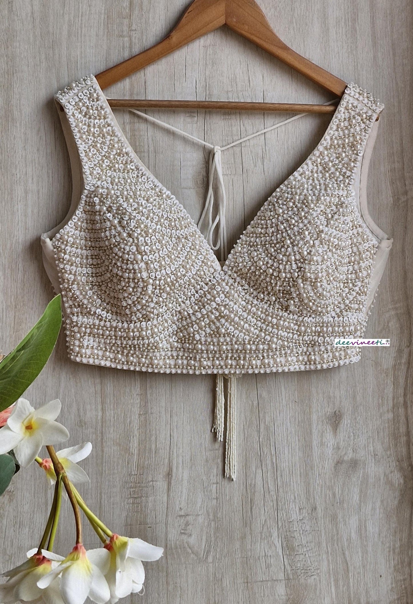 Beads and Sequins Hand Embroidered Ivory V Neck DVBL_385