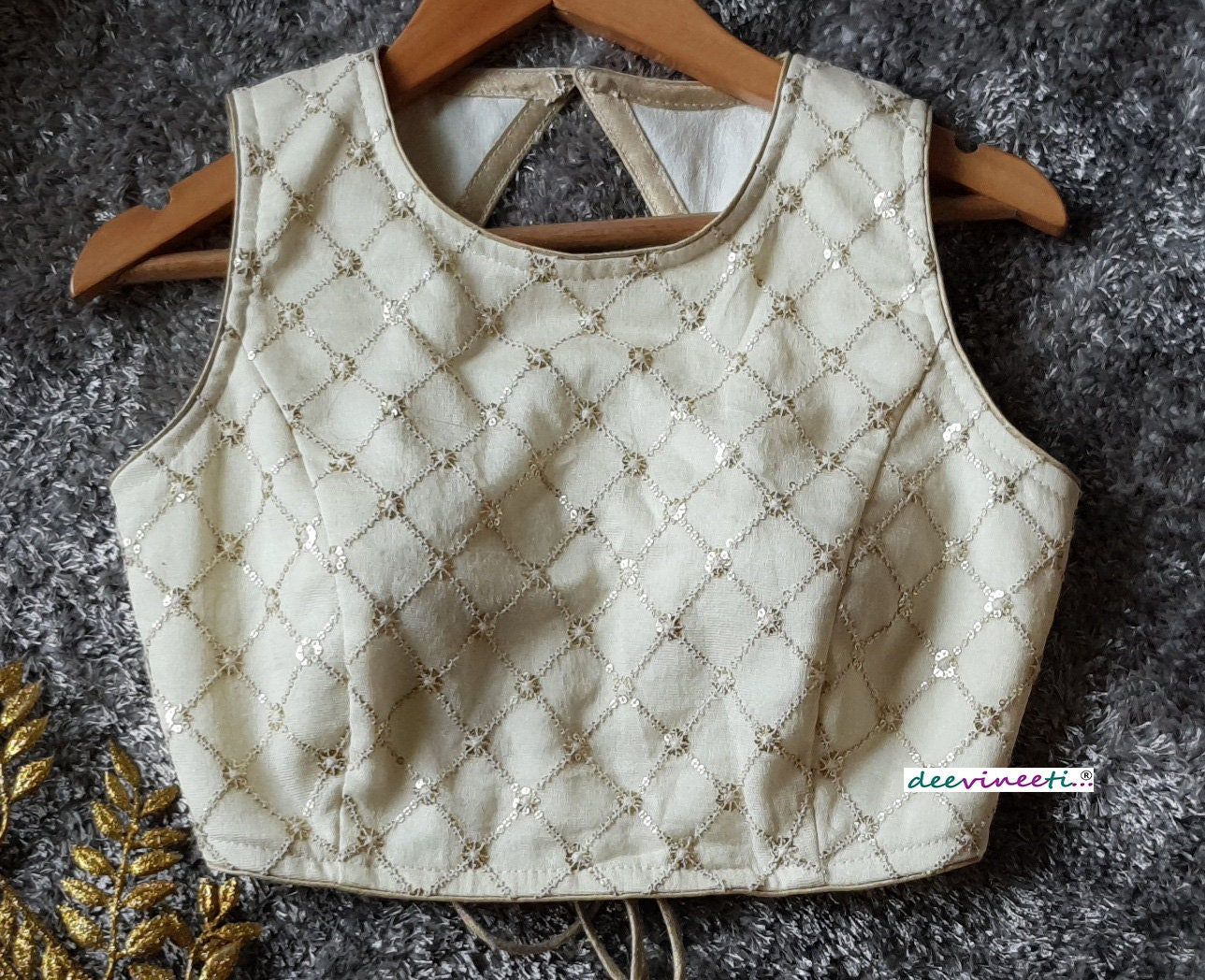 Cream Jute Silk Jewel Neck Backless Blouse DVBL_211