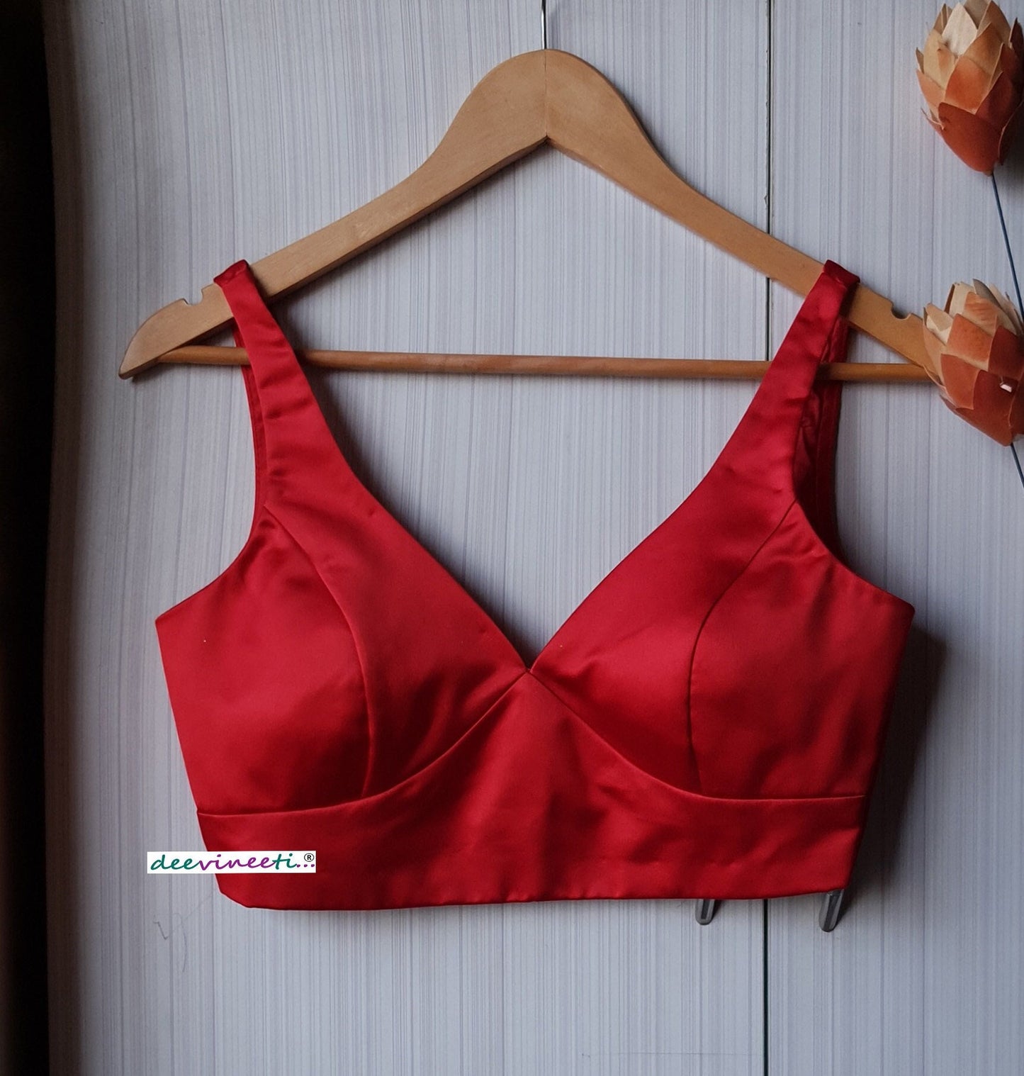 Red Satin Blouse Deep Sweetheart Neck Sleeveless DVBL_240