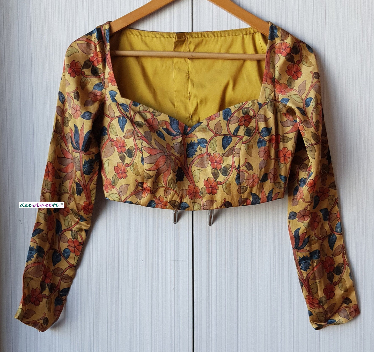 Medallion Yellow Printed Satin Silk Long Sleeves Blouse DVBL_226
