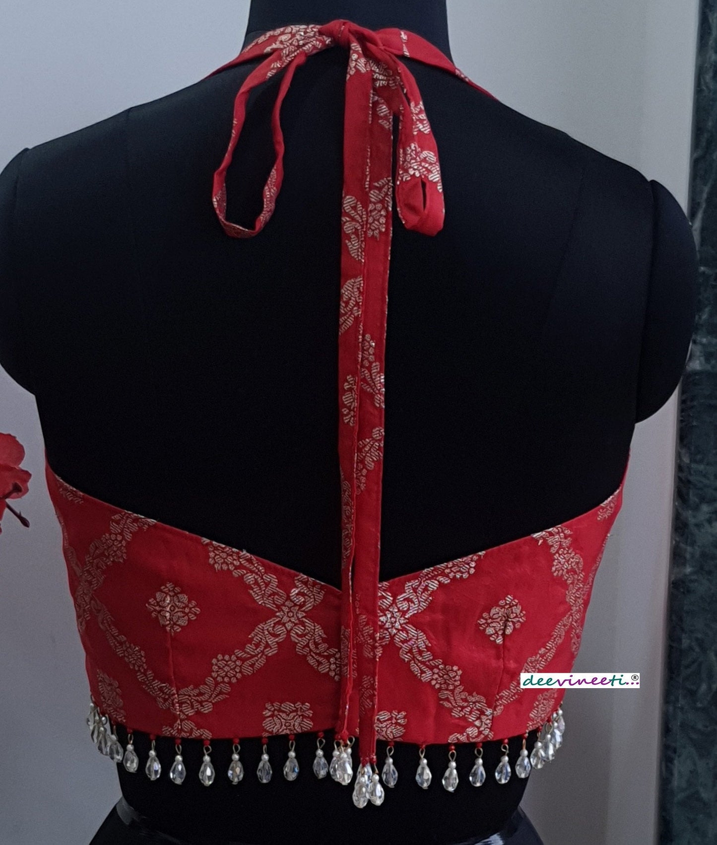Red Brocade Halter Neck Blouse DVBL_264