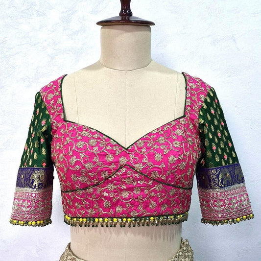 Embroidered Silk Pink and Green Blouse Sweetheart Neck DVBL_449