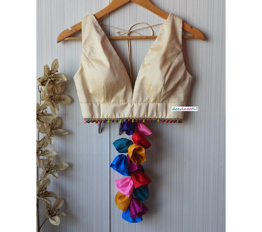 Raw Silk Plunge Neckline Blouse with Multicolor Fringes DVBL_116