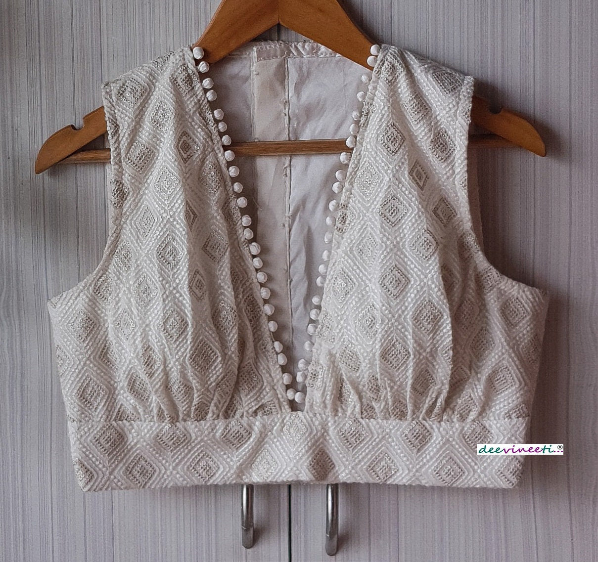 Ivory Chikankari Plunge Neckline Blouse DVBL_249