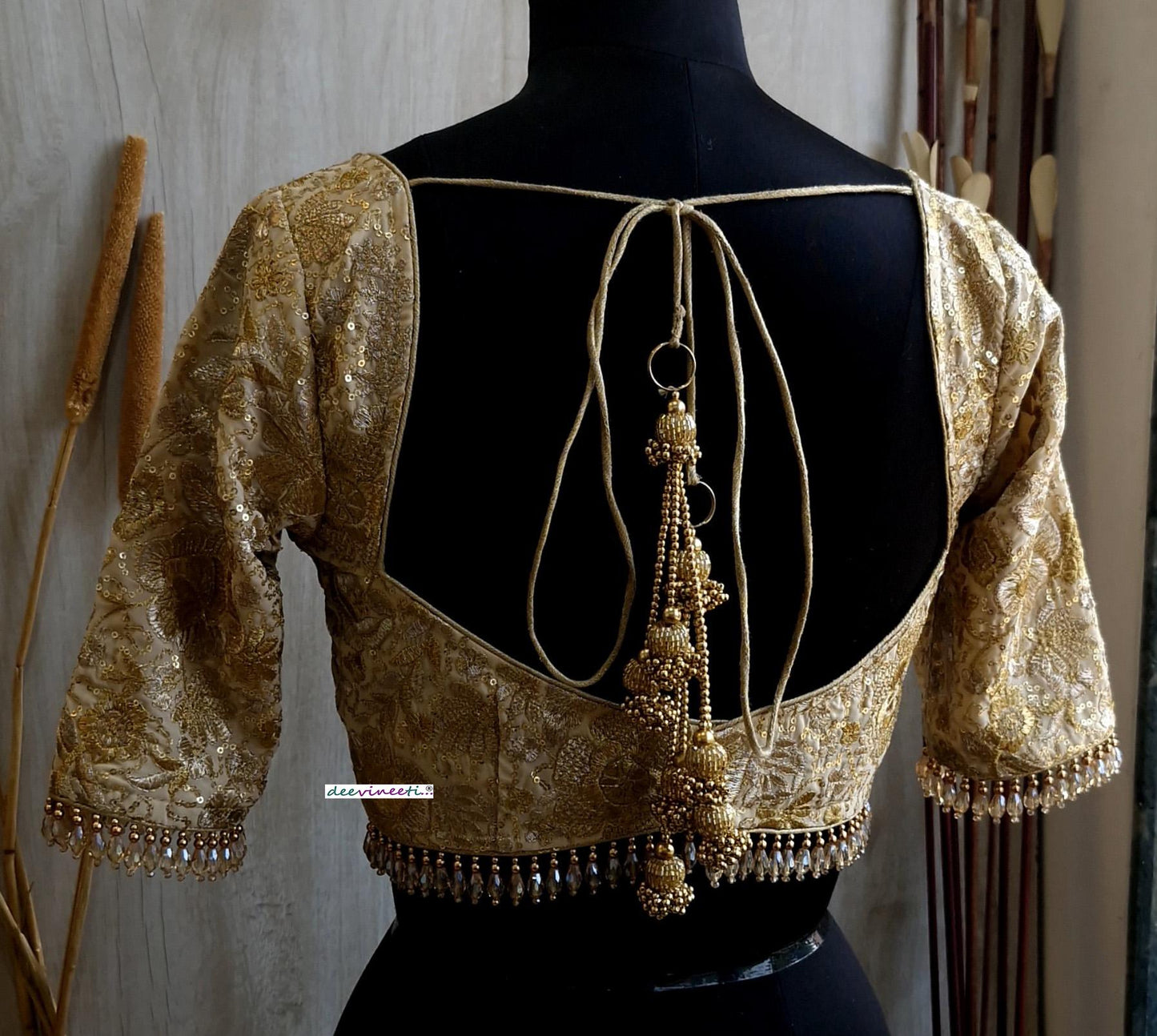 Beige Gold Embroidered Deep Sweetheart Neck Blouse DVBL_380.
