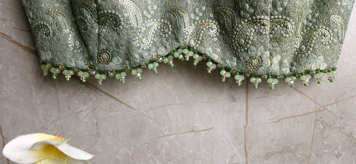 Moss Green Embroidered Georgette V Neck Spaghetti Blouse DVBL_440