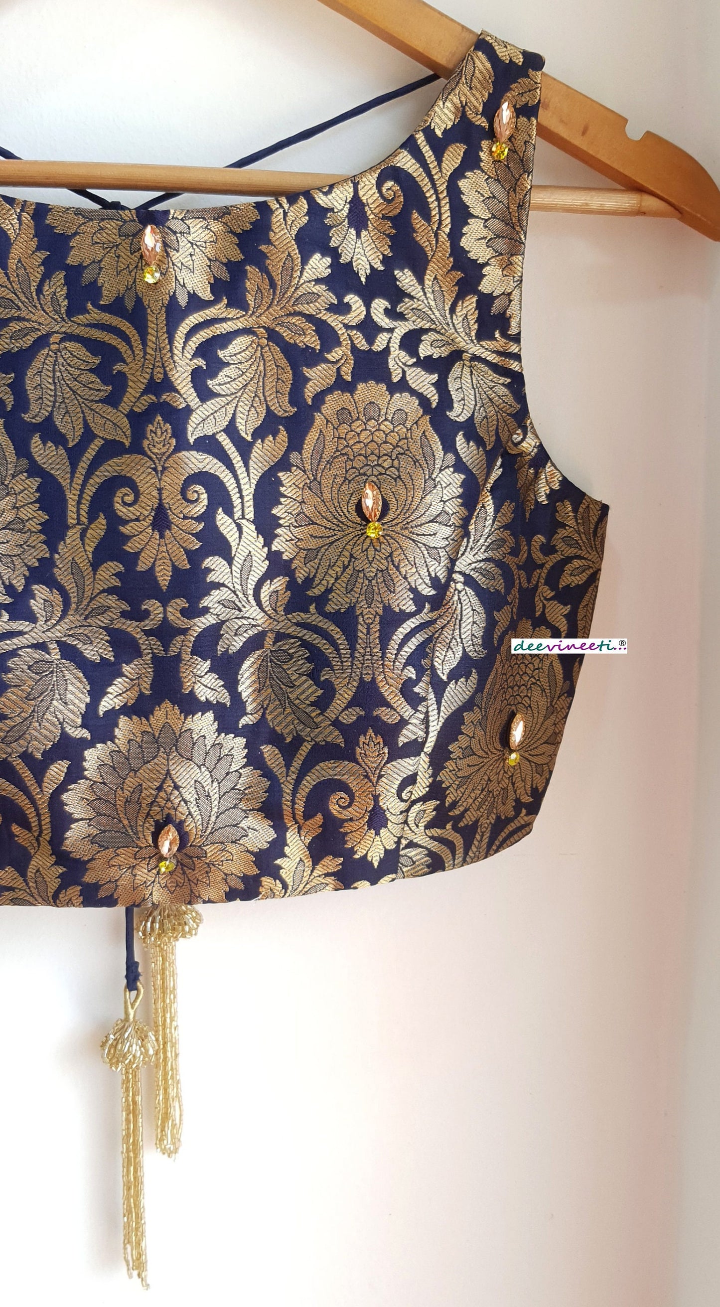 Deep Blue Brocade Blouse Sleeveless Boat Neck DVBL_127
