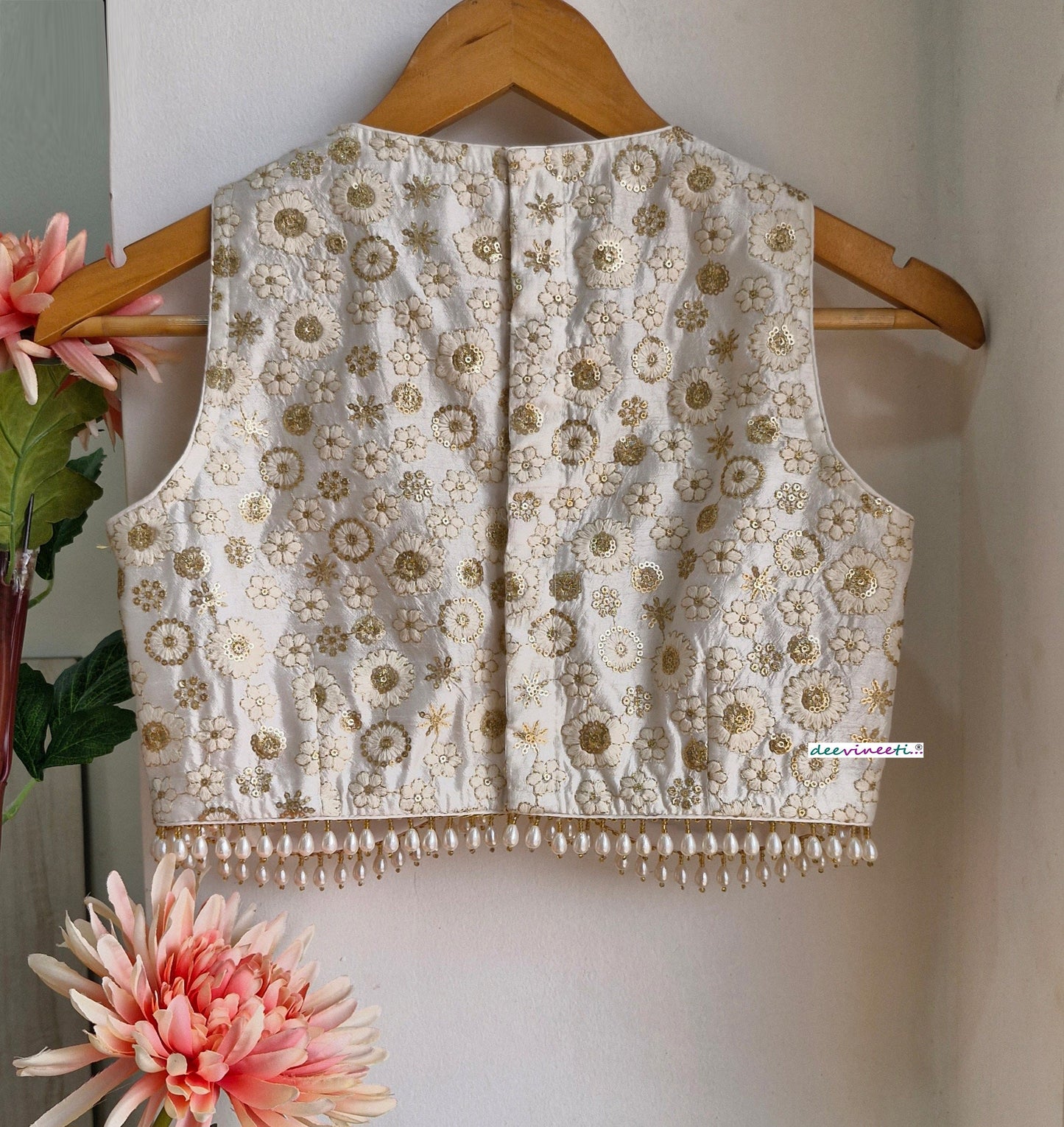 Off-White Embroidered Silk V Neck Blouse DVBL_313