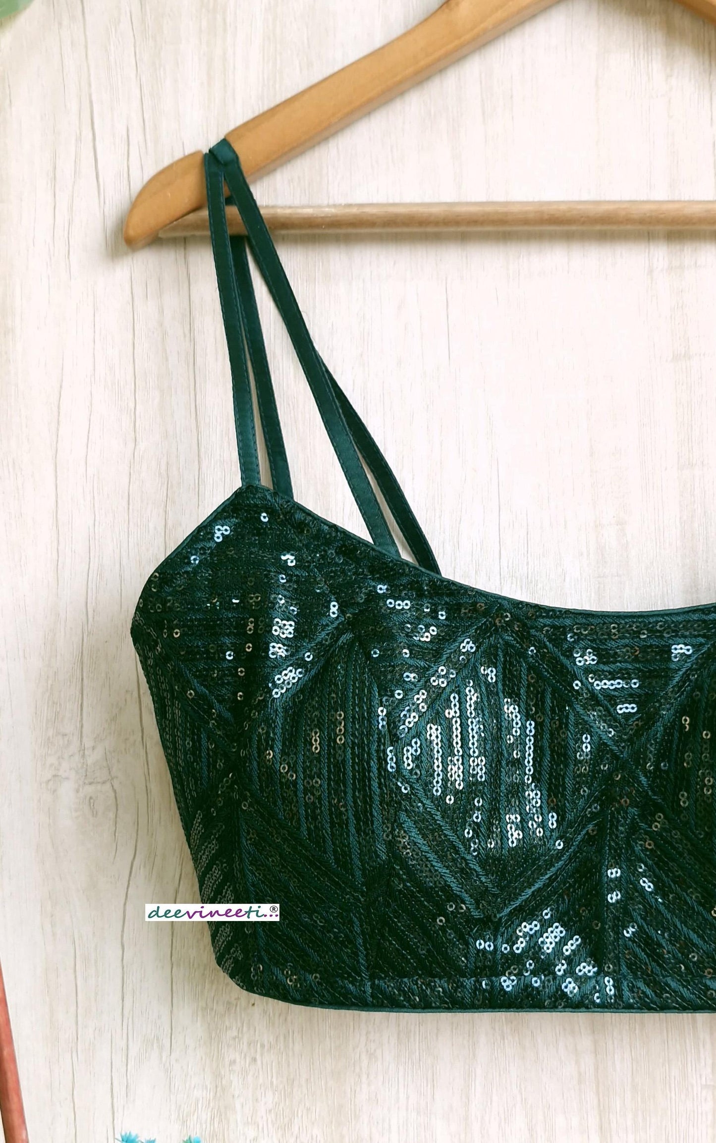 Bottle Green Sequins Embroidered Spaghetti Blouse DVBL_378