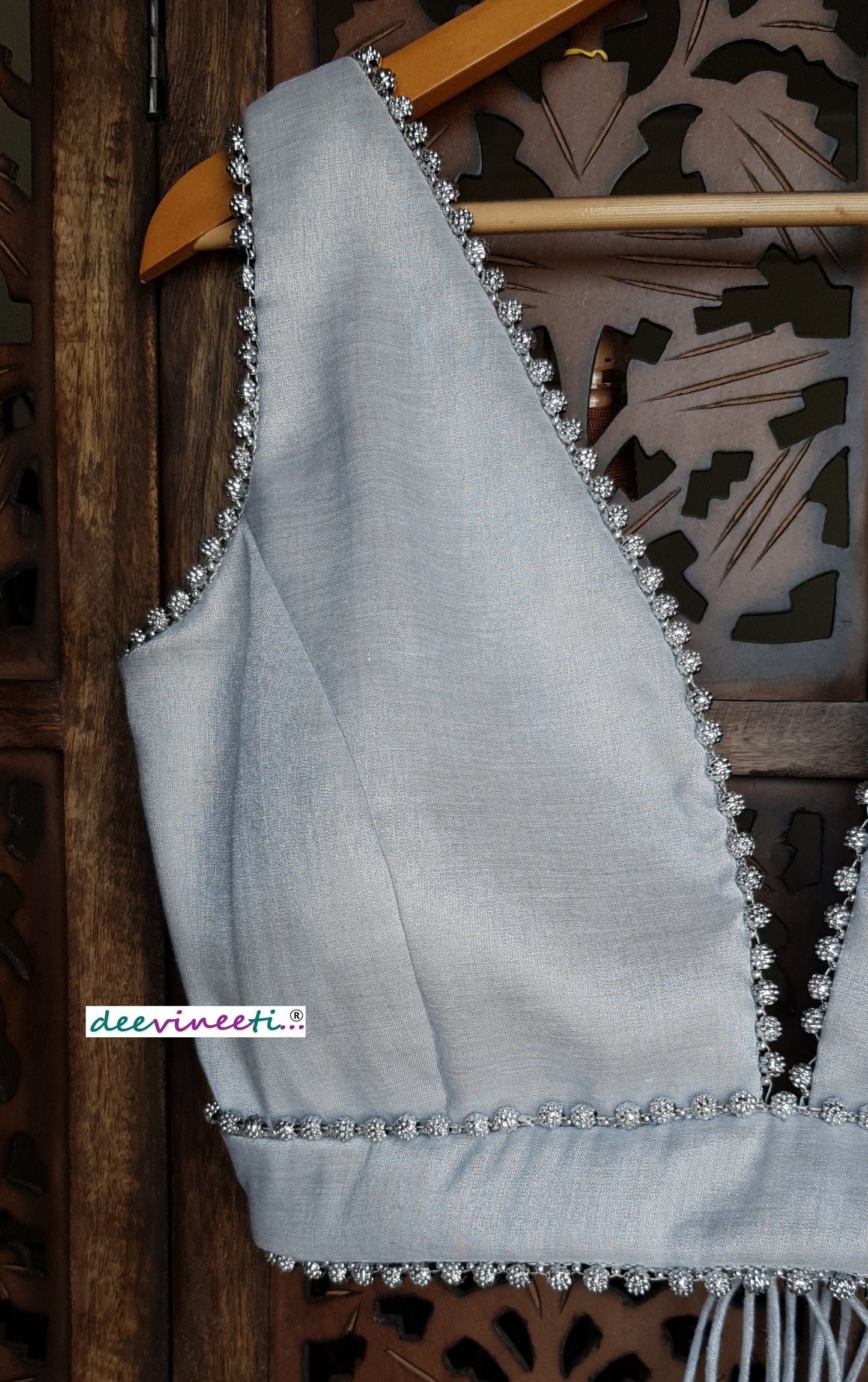 Silver Embellished Tissue Silk  Plunge Neckline Blouse DVBL_115