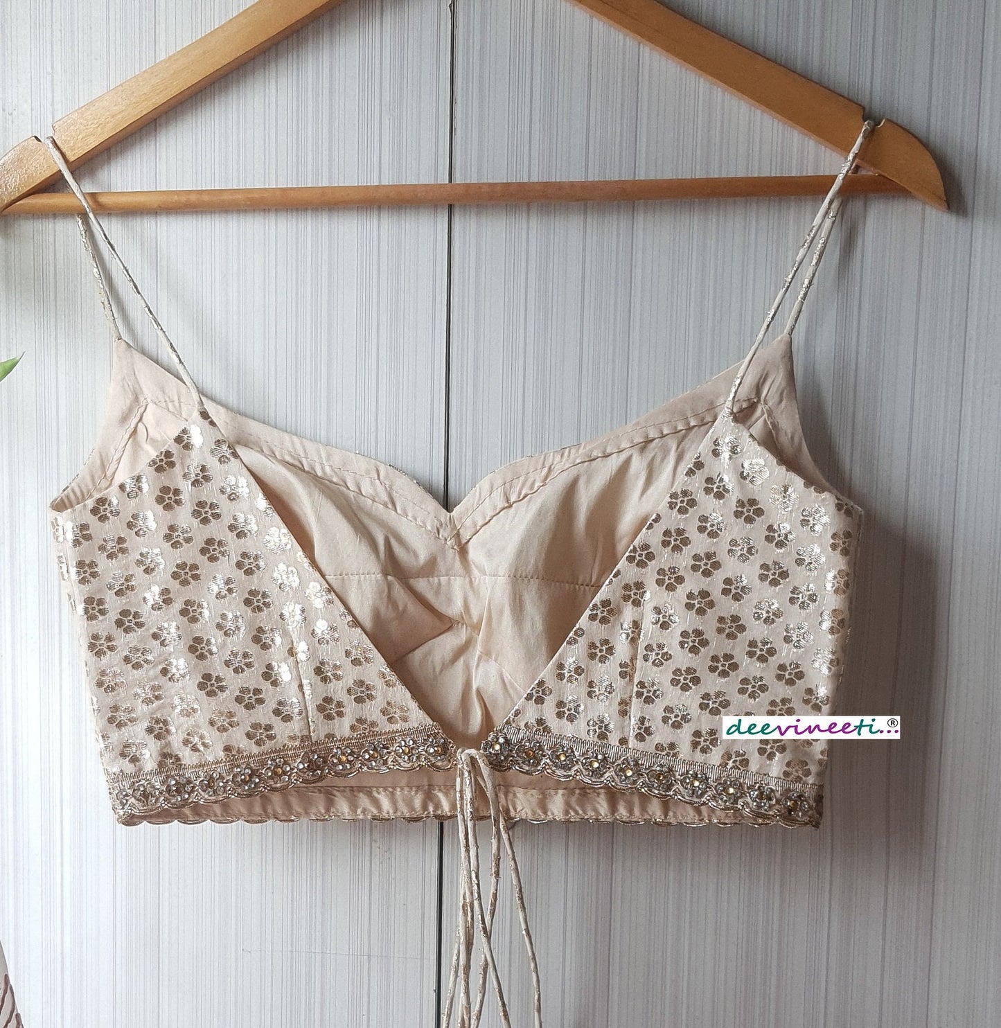 Beige Chanderi Brocade Spaghetti Blouse DVBL_252