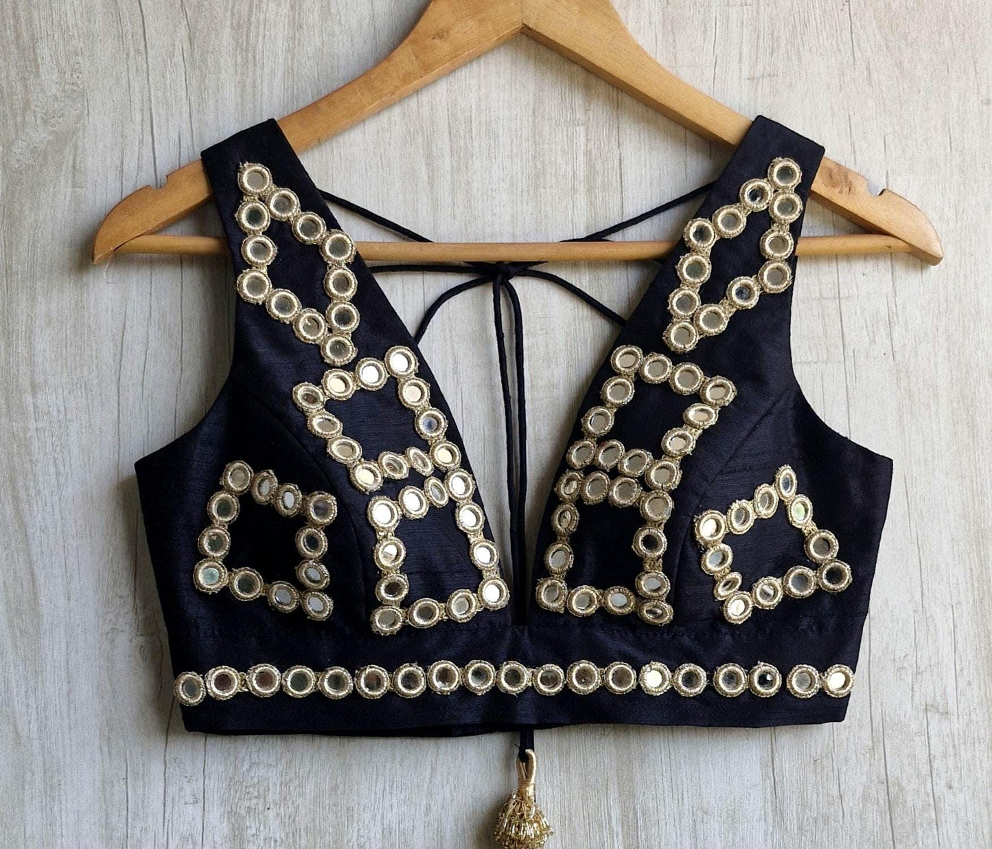 Black Raw Silk Mirror Embroidered Plunge Neckline Blouse DVBL_459