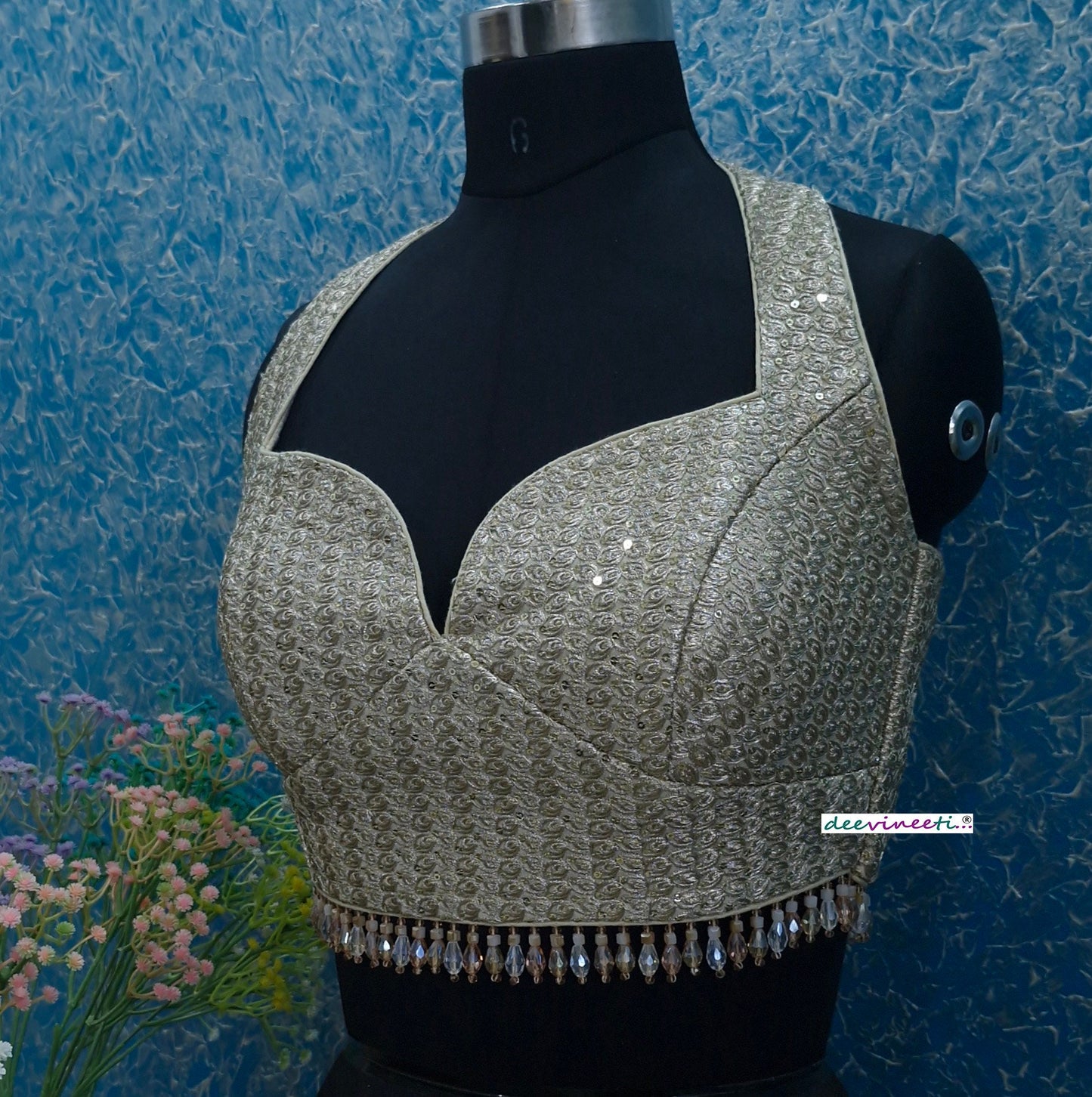 Light Gold Sequins Embroidered Halter Blouse DVBL_356