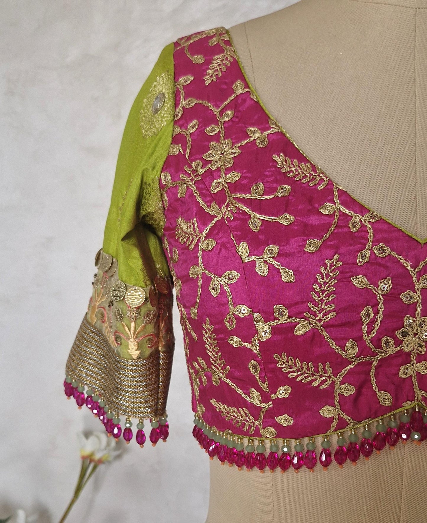 Embroidered Silk Pink and Lime Green Blouse DVBL_455