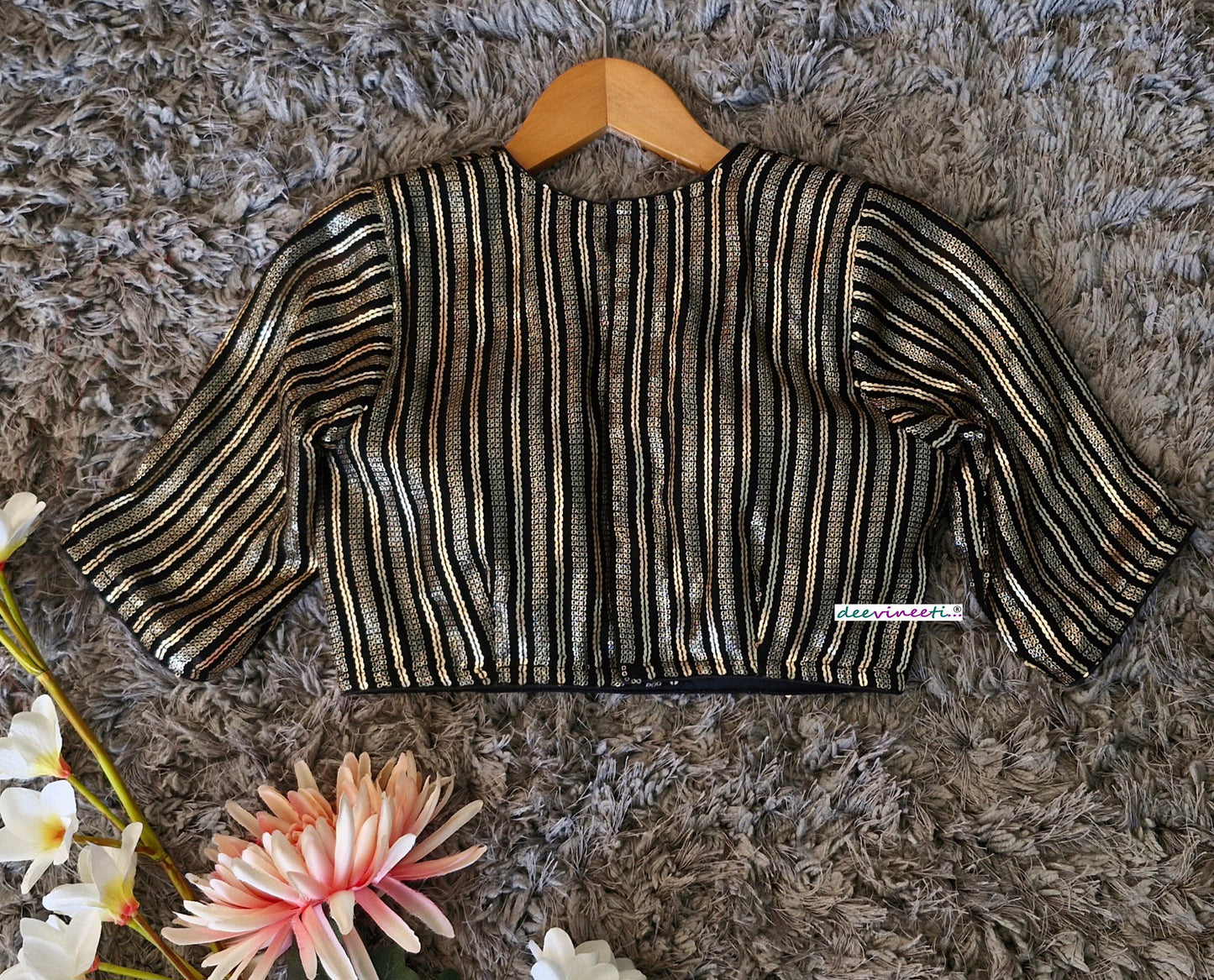 Black and Gold Sequins Embroidered Jewel Neck Blouse DVBL_350
