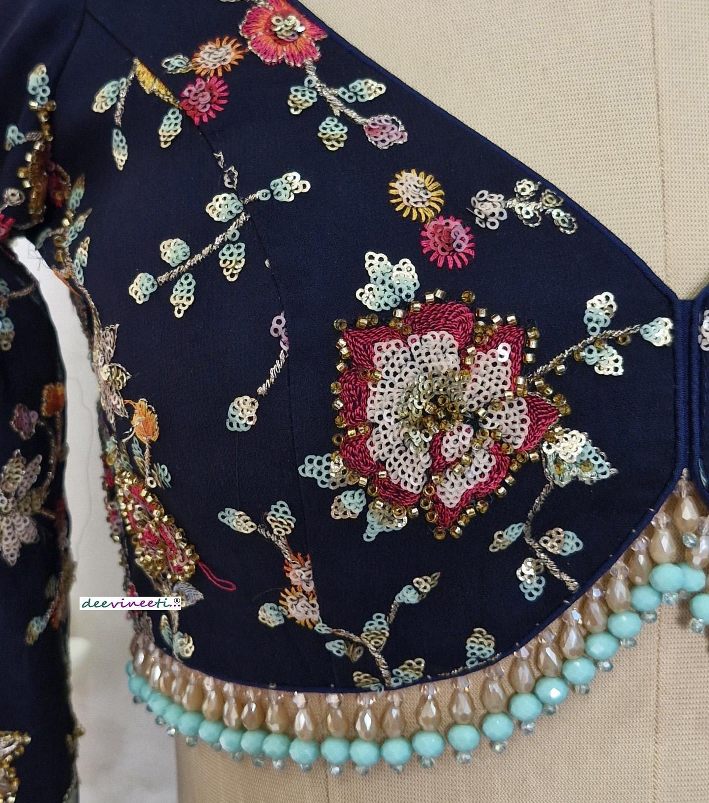 Deep Blue Embroidered Semi Sweetheart Neck Blouse DVBL_401
