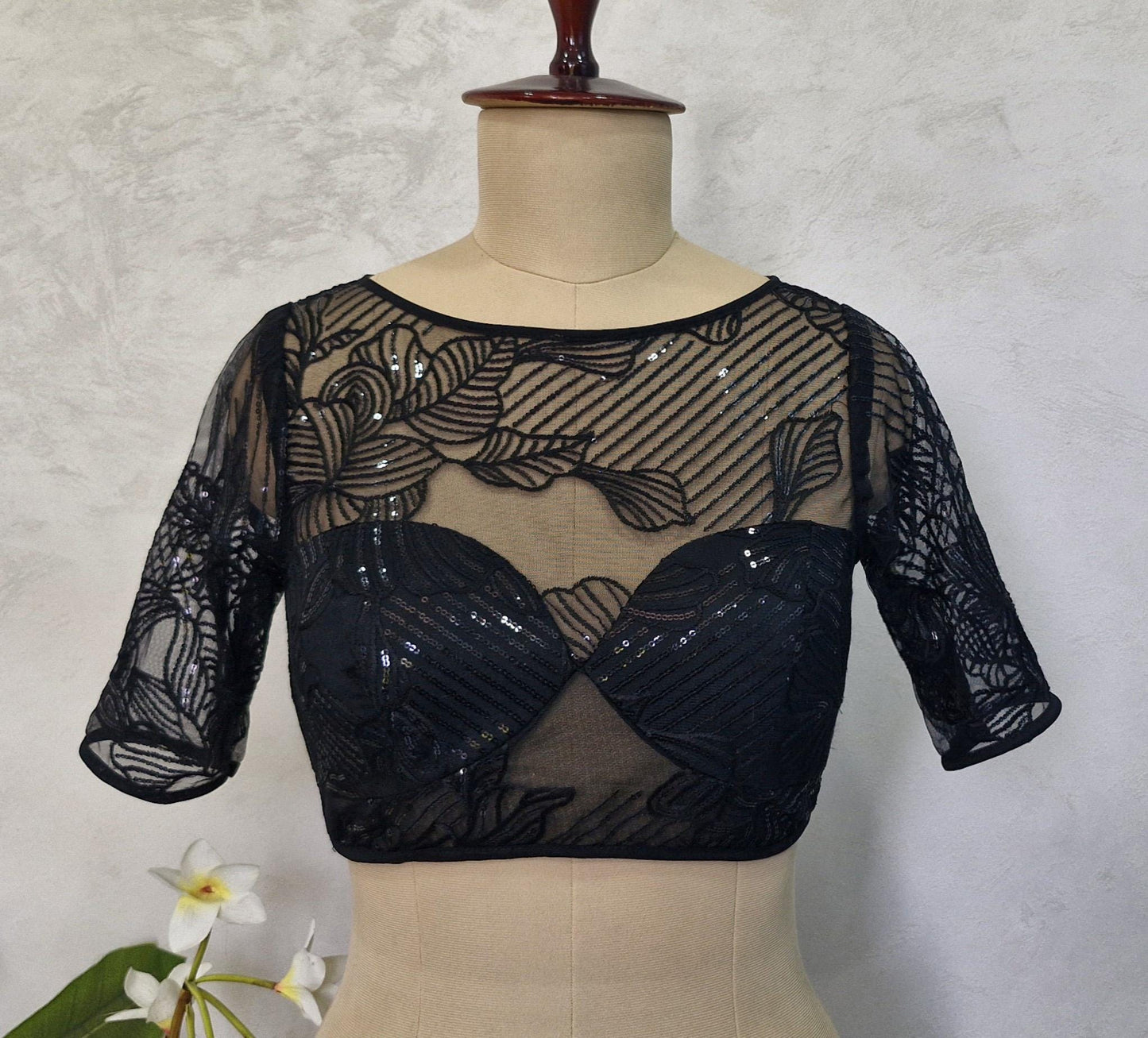 Embroidered Net Black Blouse with Sleeves DVBL_418