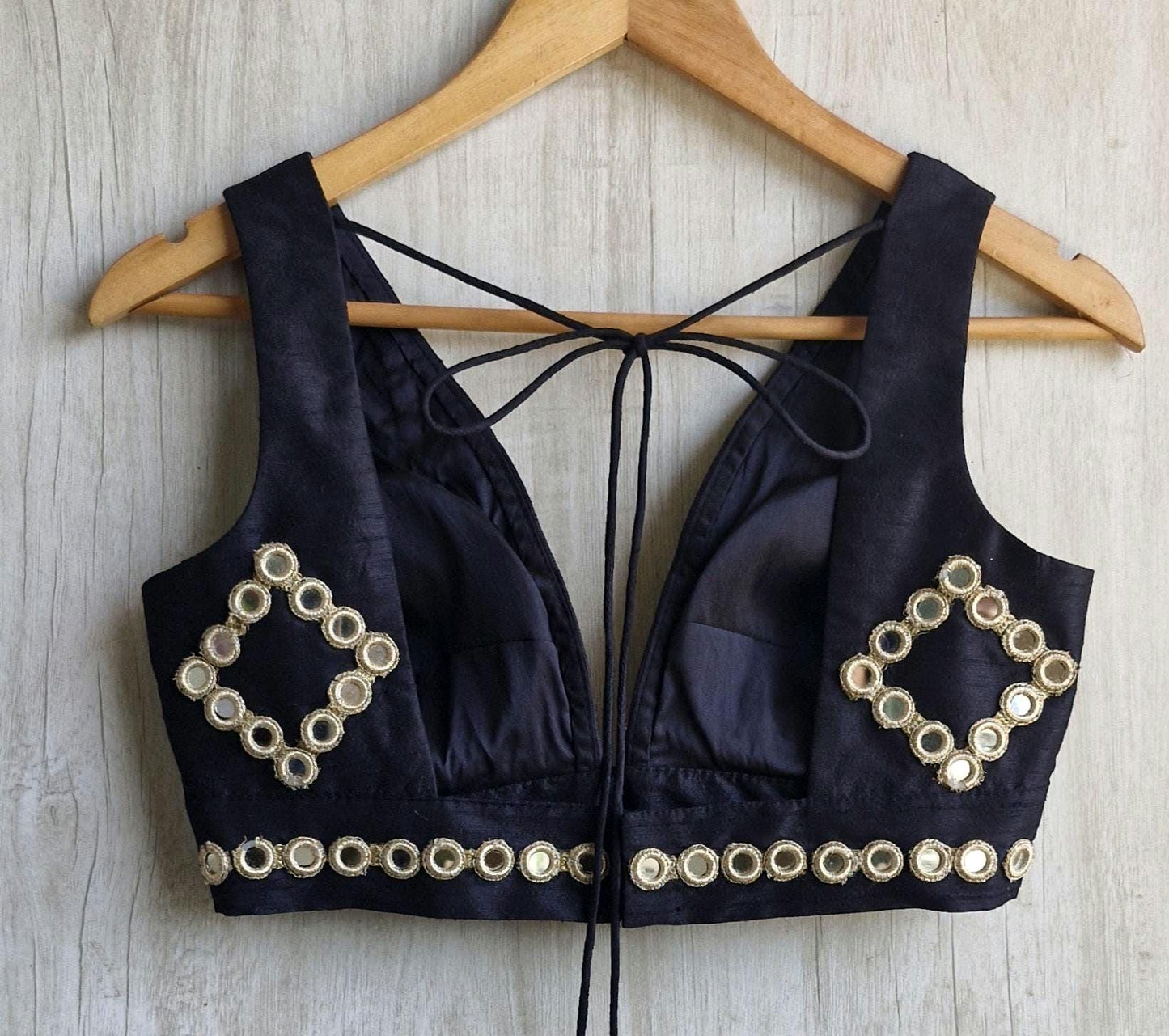 Black Raw Silk Mirror Embroidered Plunge Neckline Blouse DVBL_459