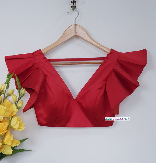 Red Satin Deep V Neck Ruffled Sleeves Blouse DVBL_265