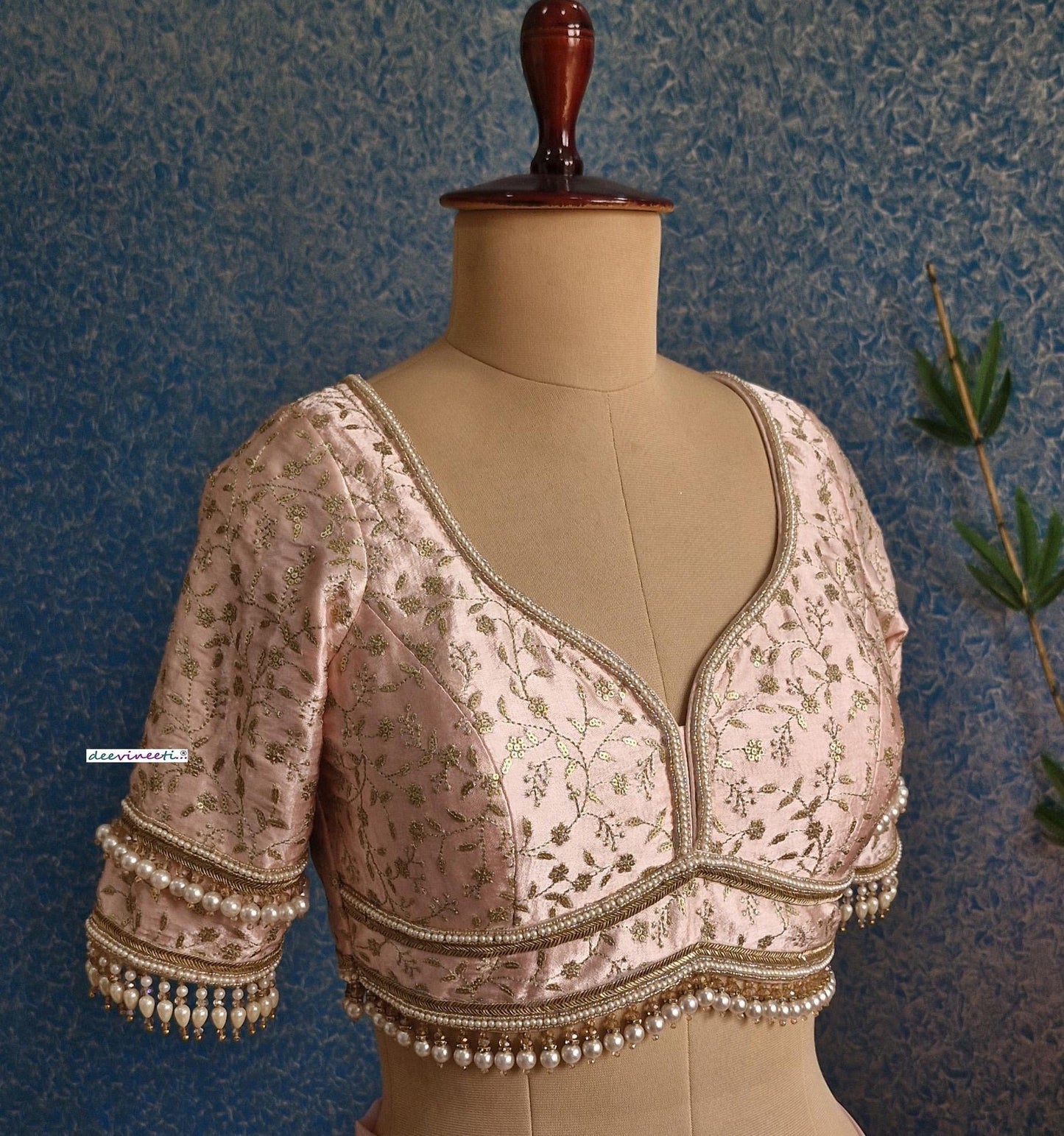 Peachish Pink Embroidered Sweetheart Neck Blouse DVBL_381