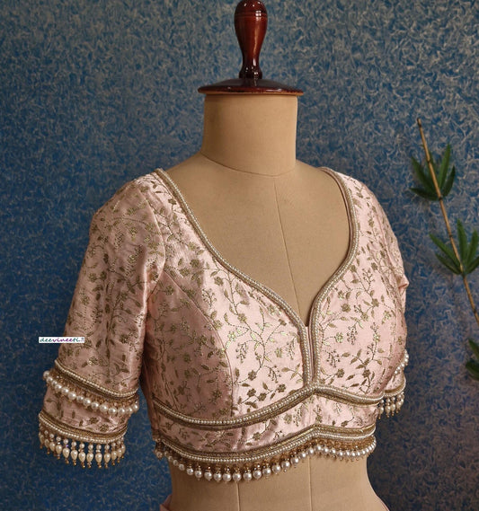 Peachish Pink Embroidered Sweetheart Neck Blouse DVBL_381