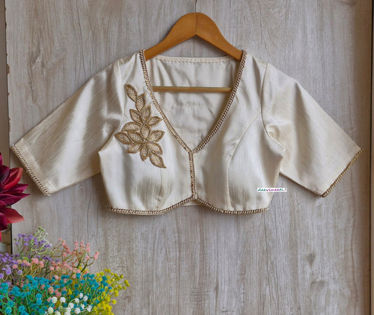 Cream Raw Silk Blouse with Applique Embroidery DVBL_322