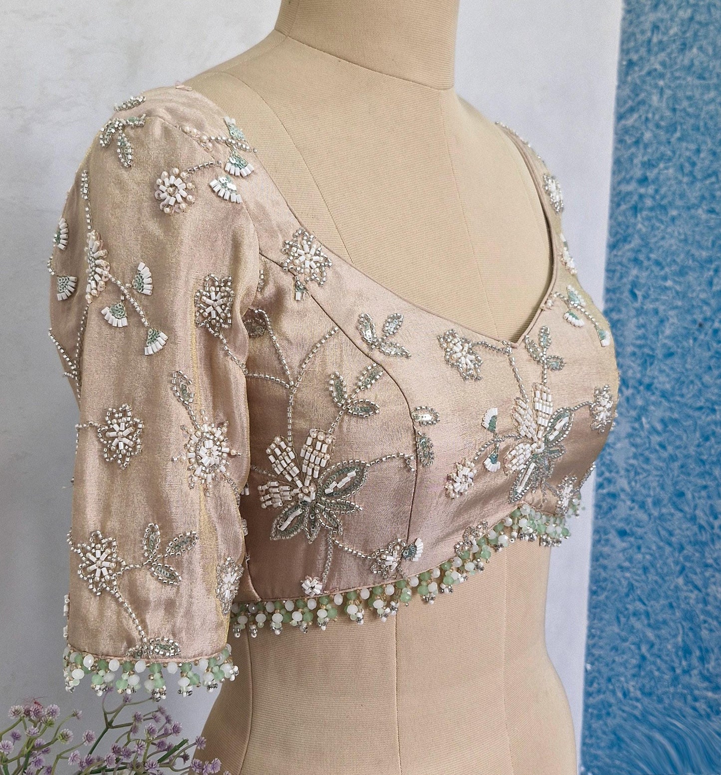 Beads Embroidered Tissue Silk Rose Gold Blouse DVBL_409
