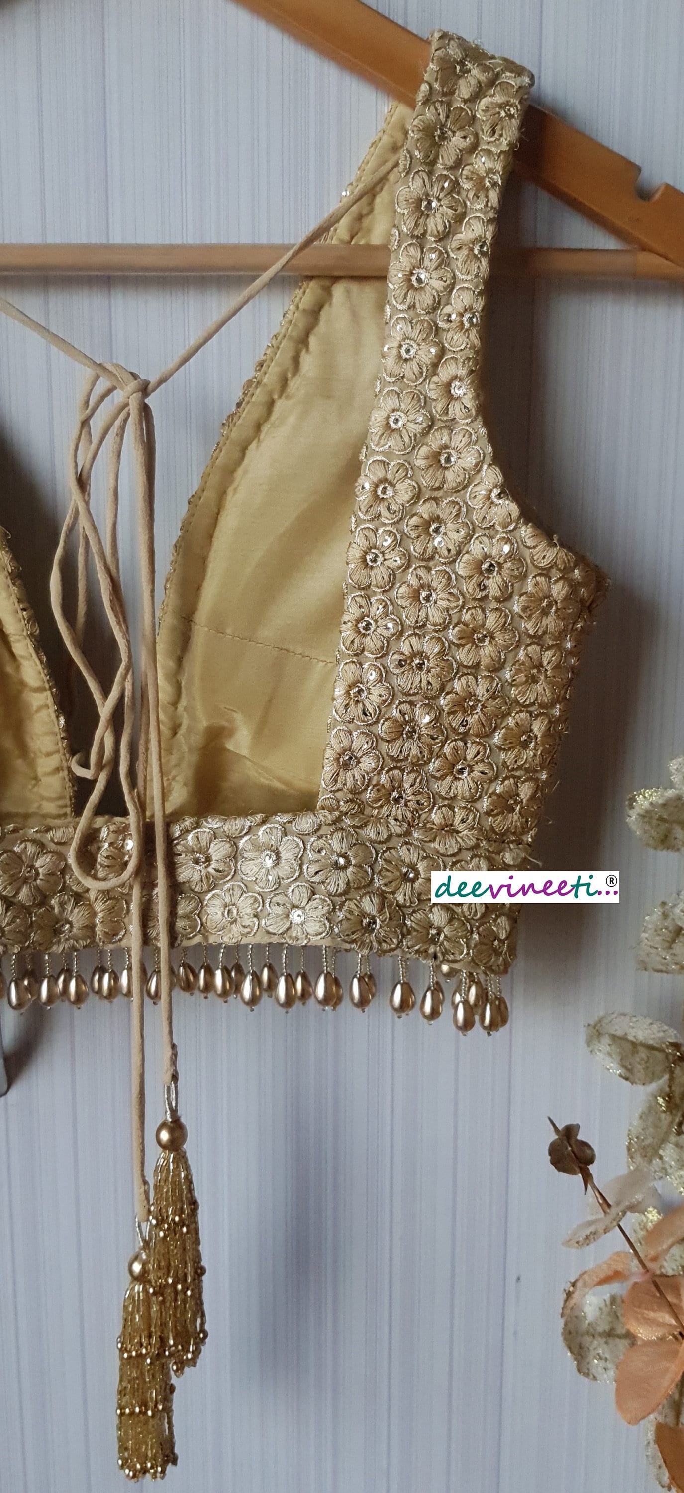 Embroidered Gold Plunge Neckline Blouse DVBL_139