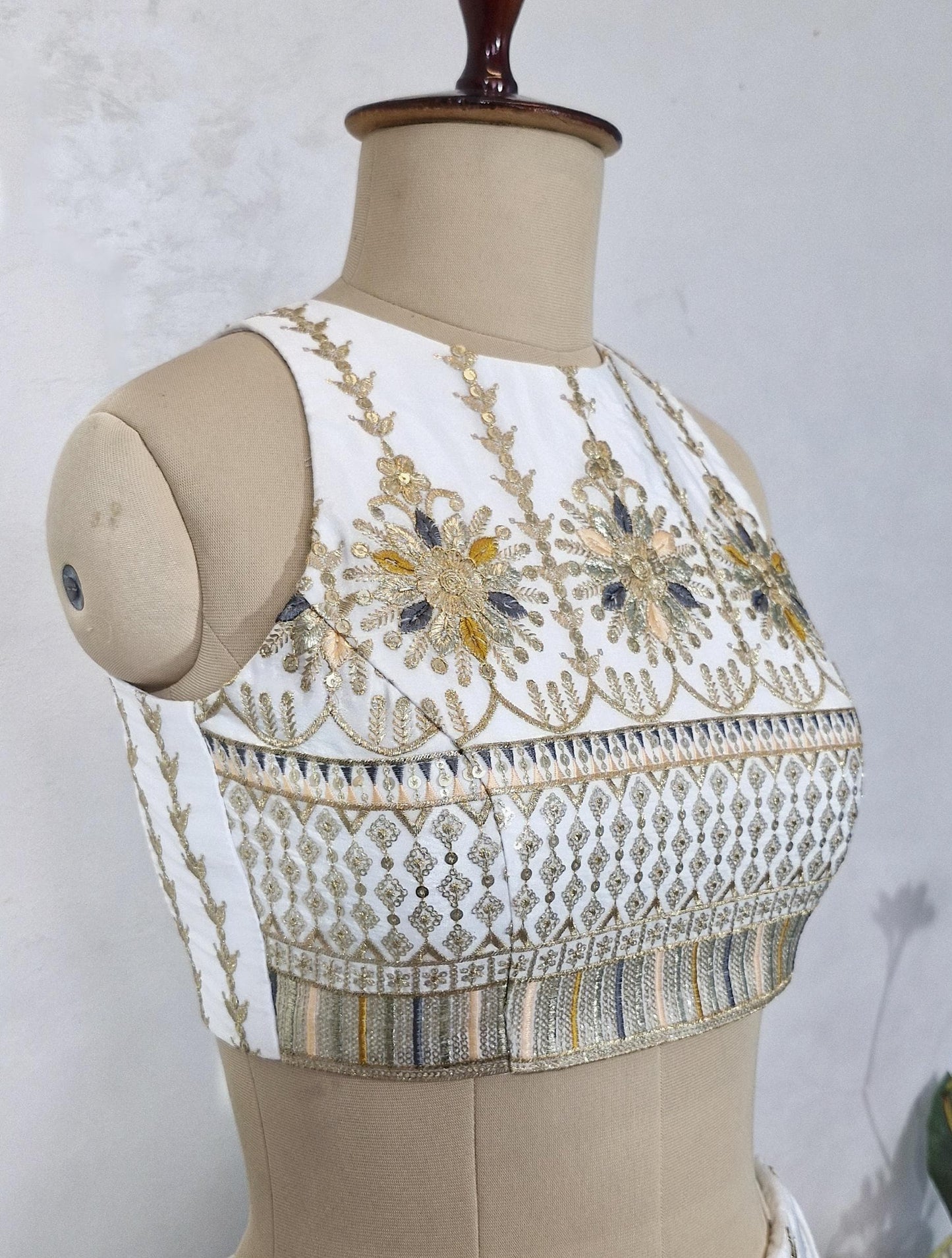 Ivory Embroidered Crepe Silk Halter Neck Blouse DVBL_445