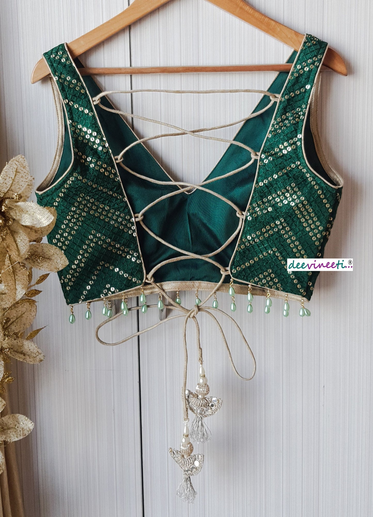 Green Sequins Chevron  Embroidered Silk Blouse  DVBL_152