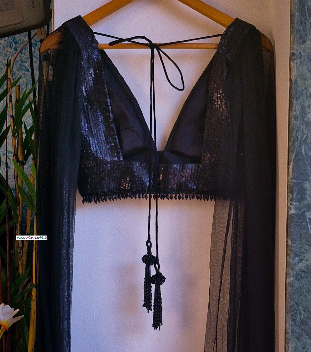 Black Sequins Embroidered Plunge Neck Cape Blouse DVBL_342