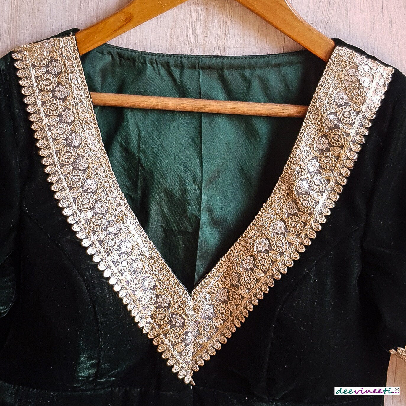 Embroidered Green Velvet Blouse Deep V Neck DVBL_292
