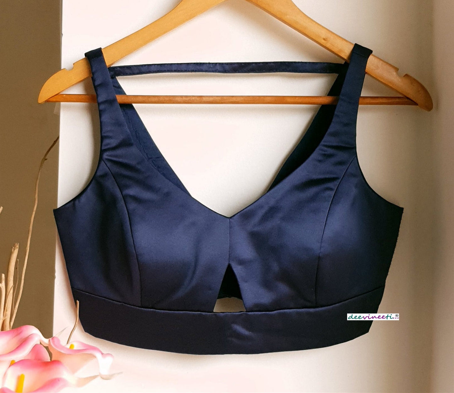Navy Blue Satin Blouse Deep V Neck Sleeveless DVBL_270