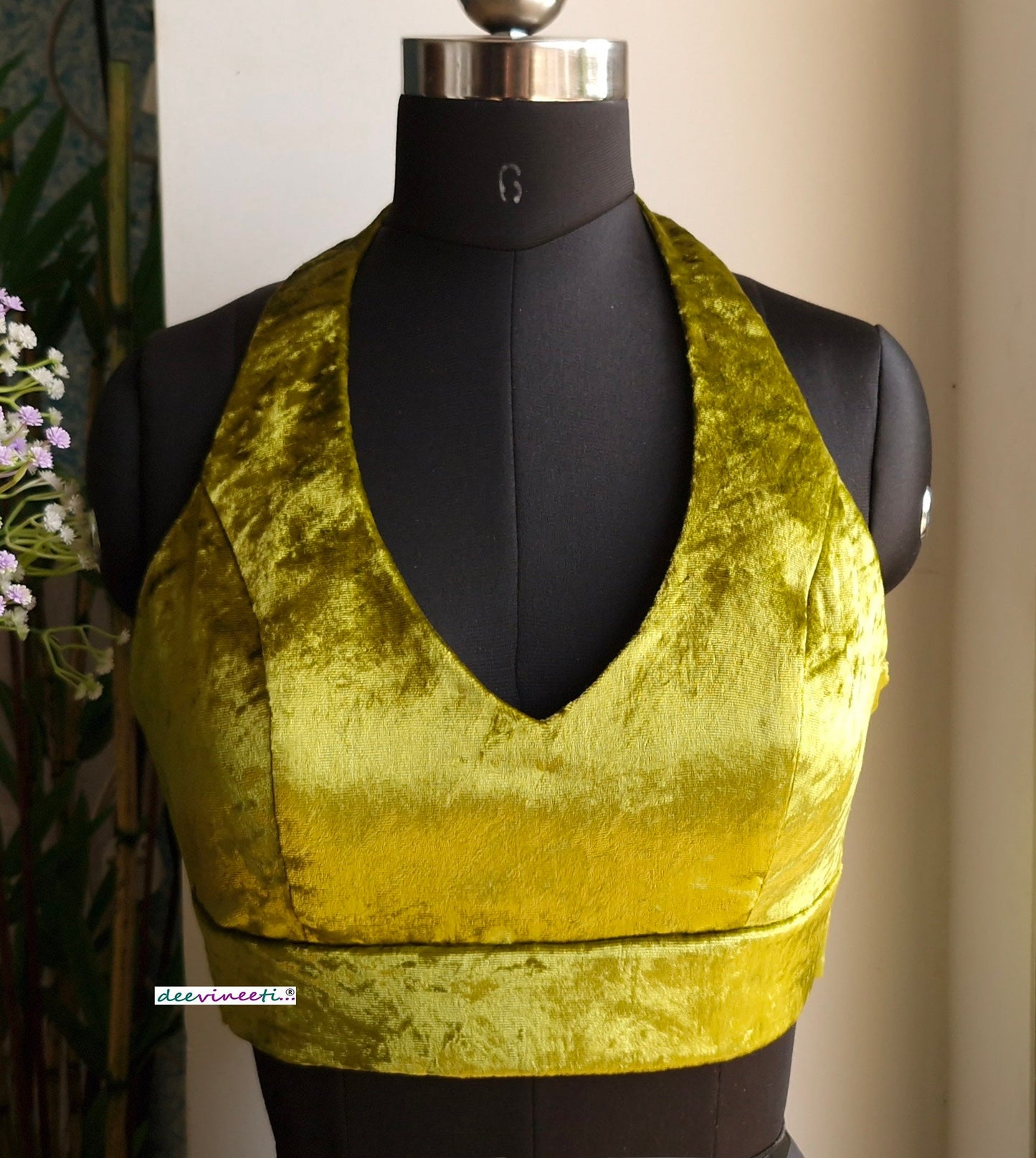 Olive Green Viscose Velvet Halter Neck Blouse DVBL_333