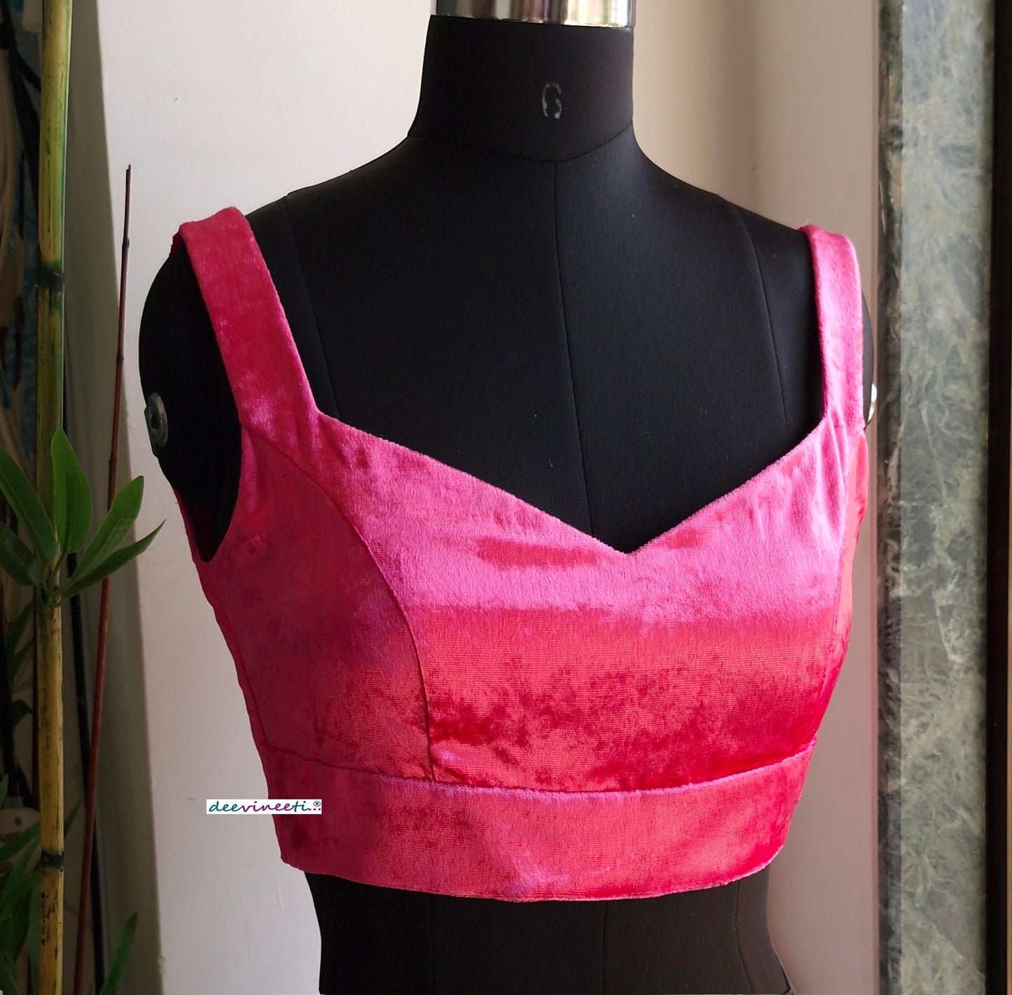 Hot Pink Viscose Velvet Semi Sweetheart Neck Blouse DVBL_334