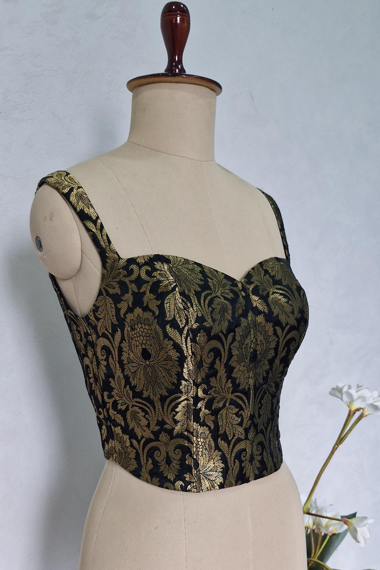 Black Gold Brocade Silk Corset Blouse DVCB_002