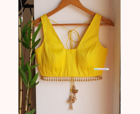 Yellow Raw Silk Trapeze Neck Blouse DVBL_291