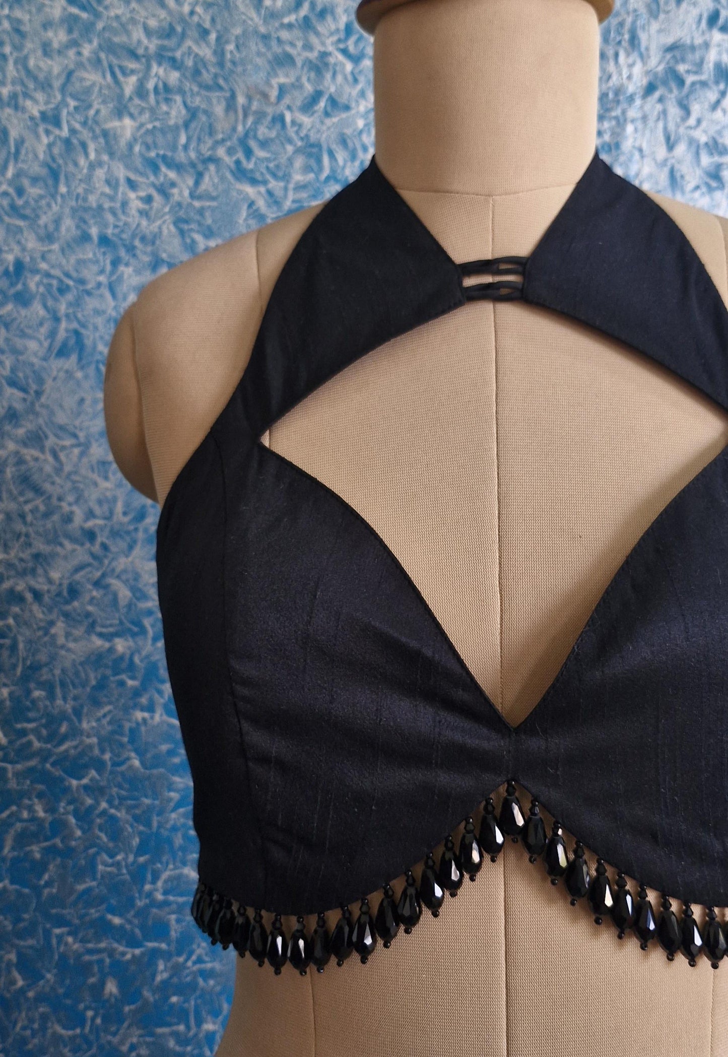 Black Raw Silk Blouse Deep Sweetheart Halter Neck  DVBL_430