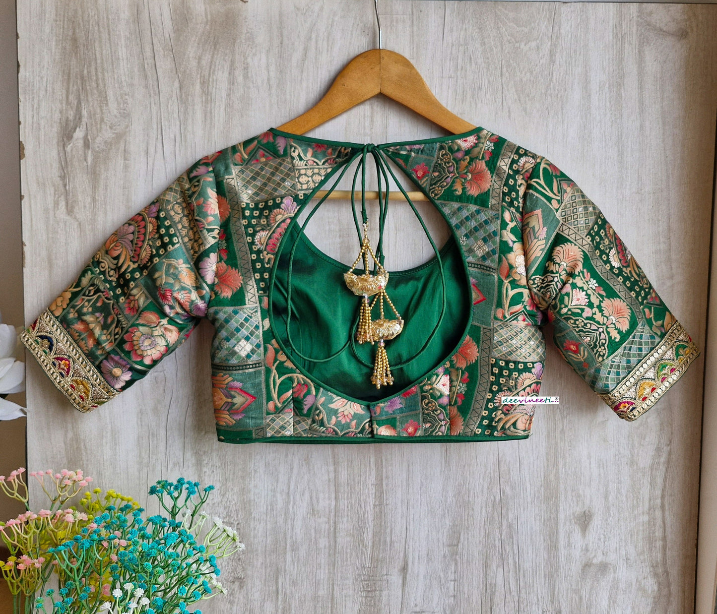 Green Jacquard Silk Round Scoop Neck Blouse DVBL_317